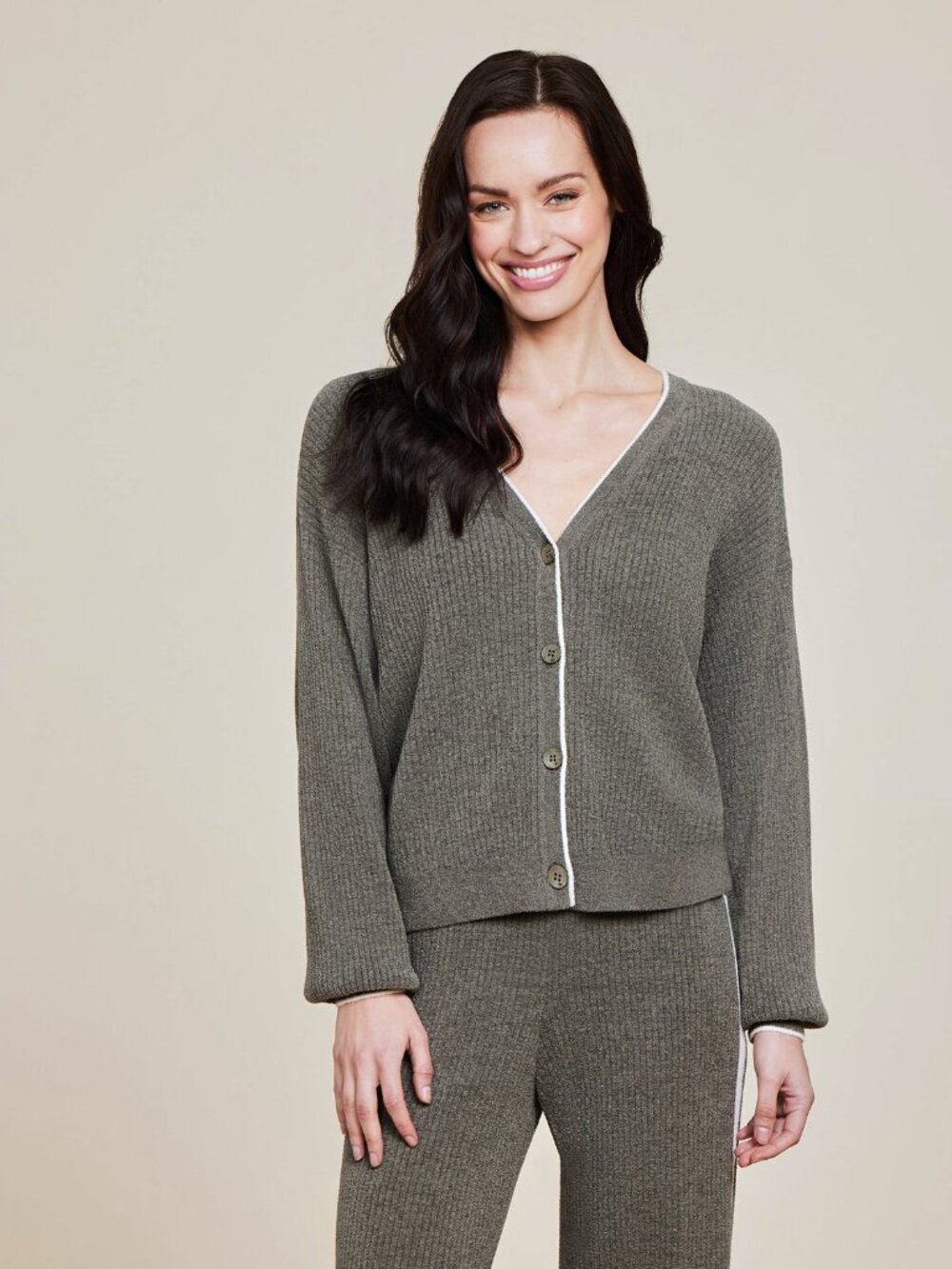 Barefoot Dreams CozyChic Ultra Lite Contrast Ribbed Cardigan Olive Branch, Large